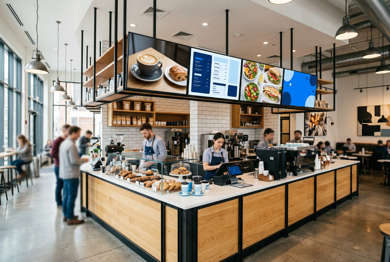Coordinated digital menu boards in a modern cafe