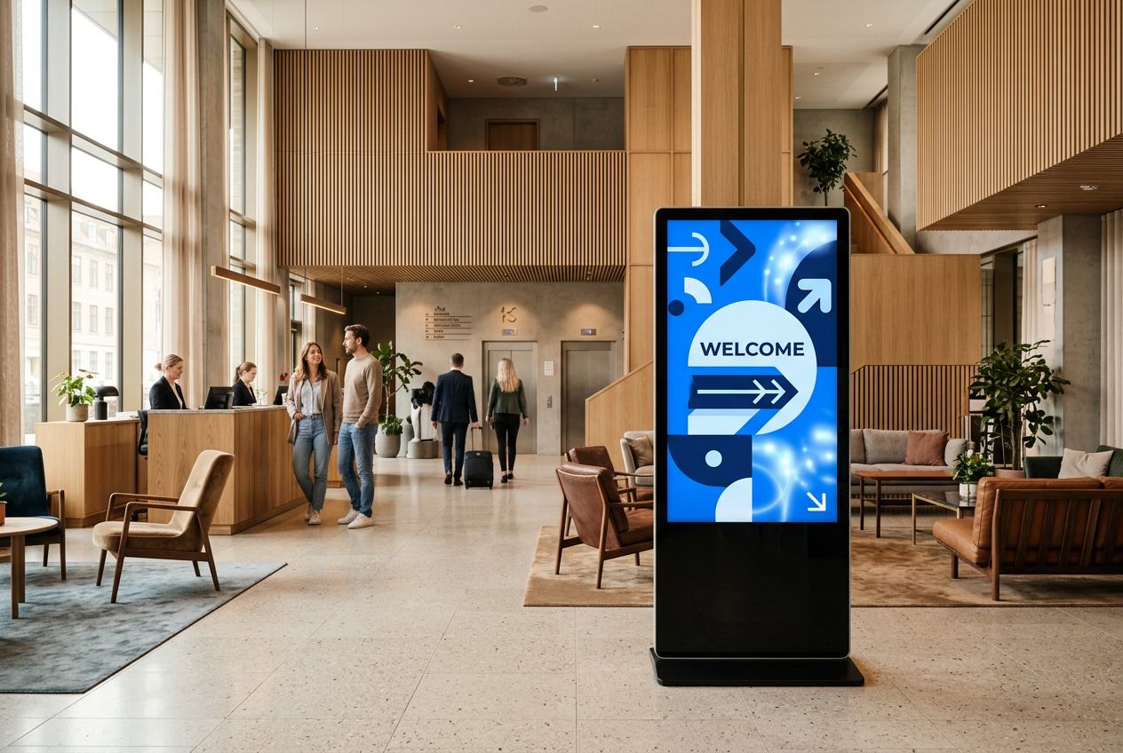 Managed digital signage in a hotel lobby